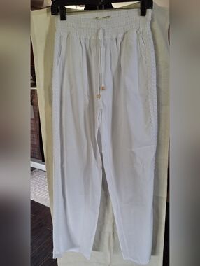 Seaspice White Linen Cotton Pants Medium Drawstring Lace Trim Resort New